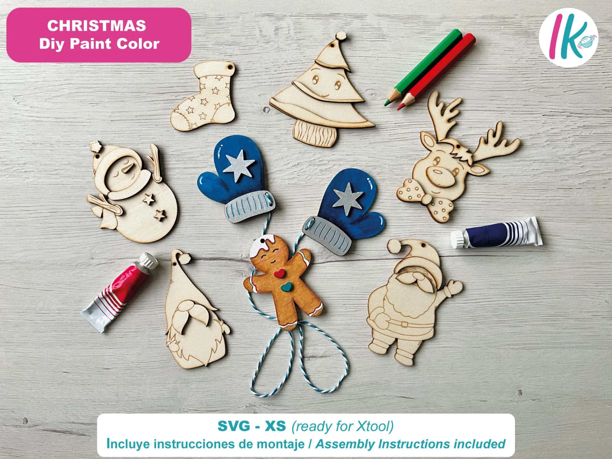 Christmas Holiday Wooden Ornaments for Painting and Crafting SVG-XCS - Santa Claus, Rudolph, abeto, Gingerbread man, muñeco de nieve, gnomo...