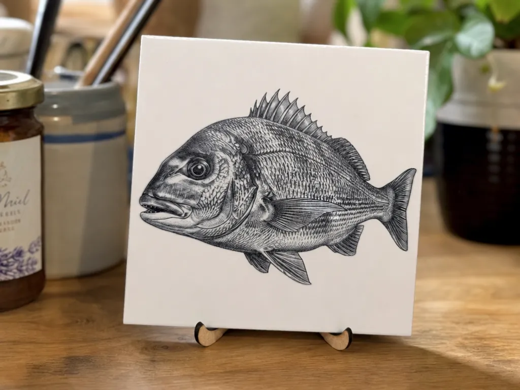 Square Ceramic Tile Featuring A Detailed Sea Bream Illustration