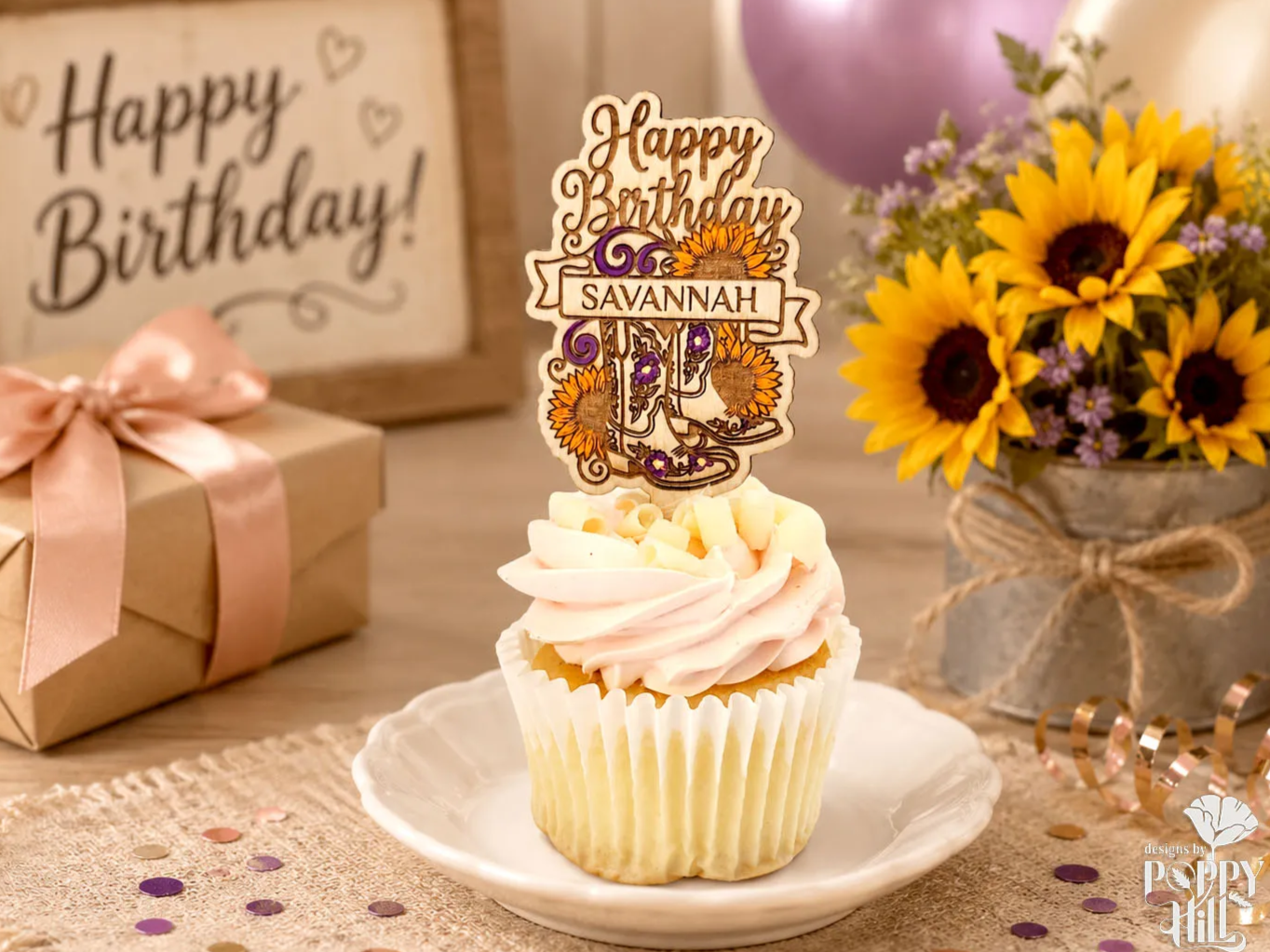 Personalized Sunflower Cowgirl Boots Cupcake Topper