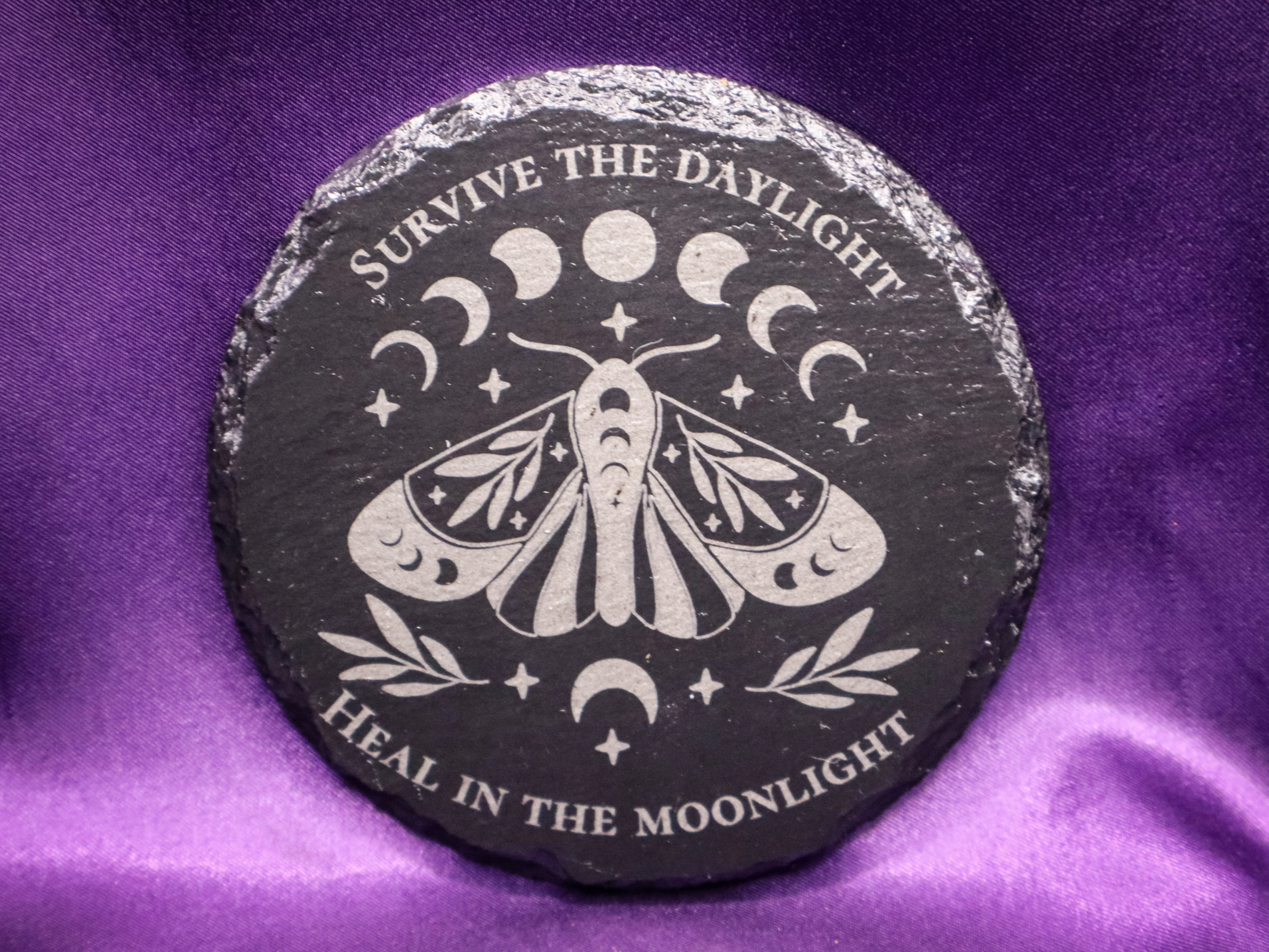 Survive the Daylight Heal in the Moonlight Moth and Moon Phase Slate Coaster