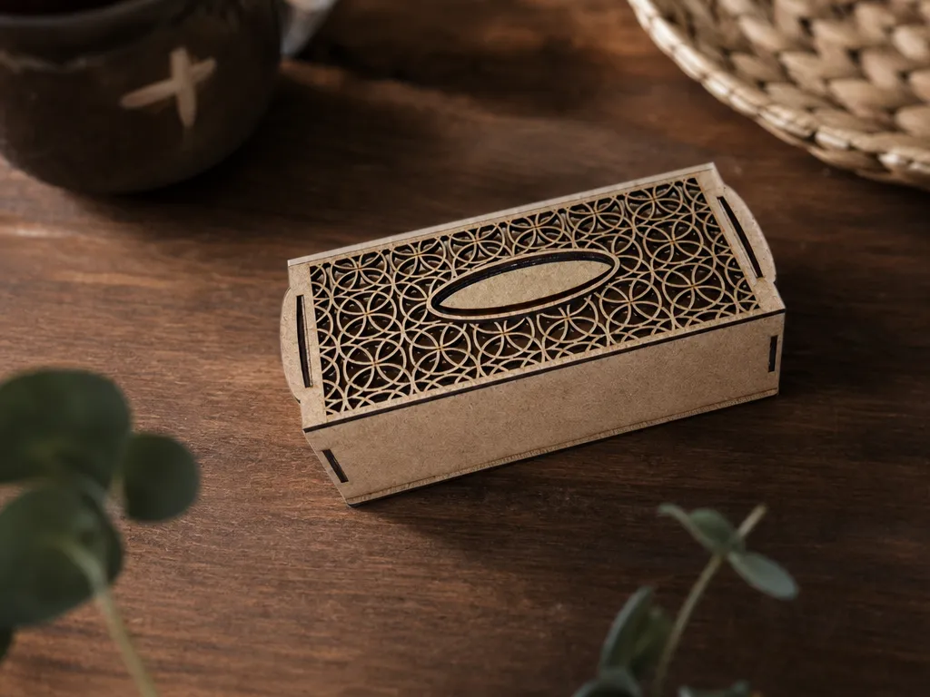 Rectangular wooden tissue box cover with geometric lattice pattern