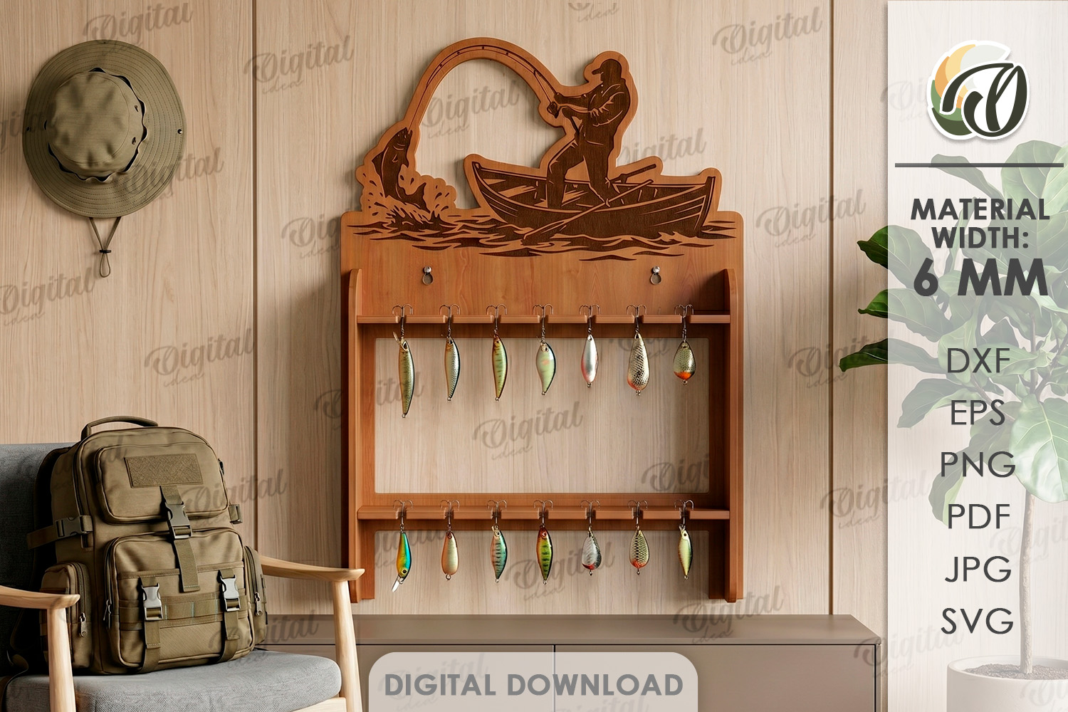 [Laser cut and engrave] 3D Fishing Rod Racks bundle. Fishing lure display laser cut files. Fisherman gift svg. Lake house wall decor. Hanging fishing pole organizer