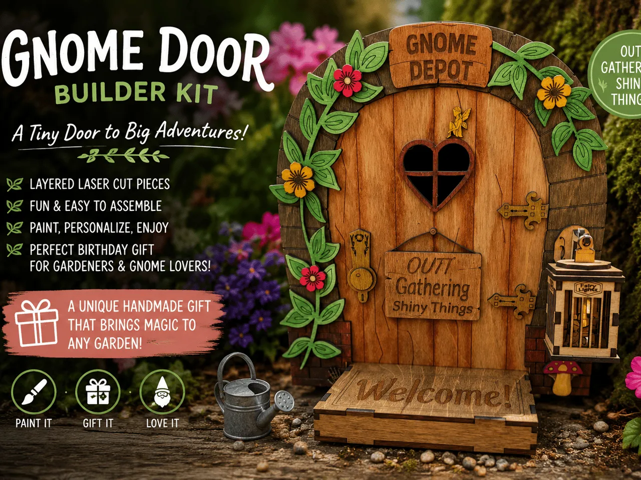 [Laser cut and engrave] Wooden Hobbit Gnome Door with Lantern Mailbox for Garden