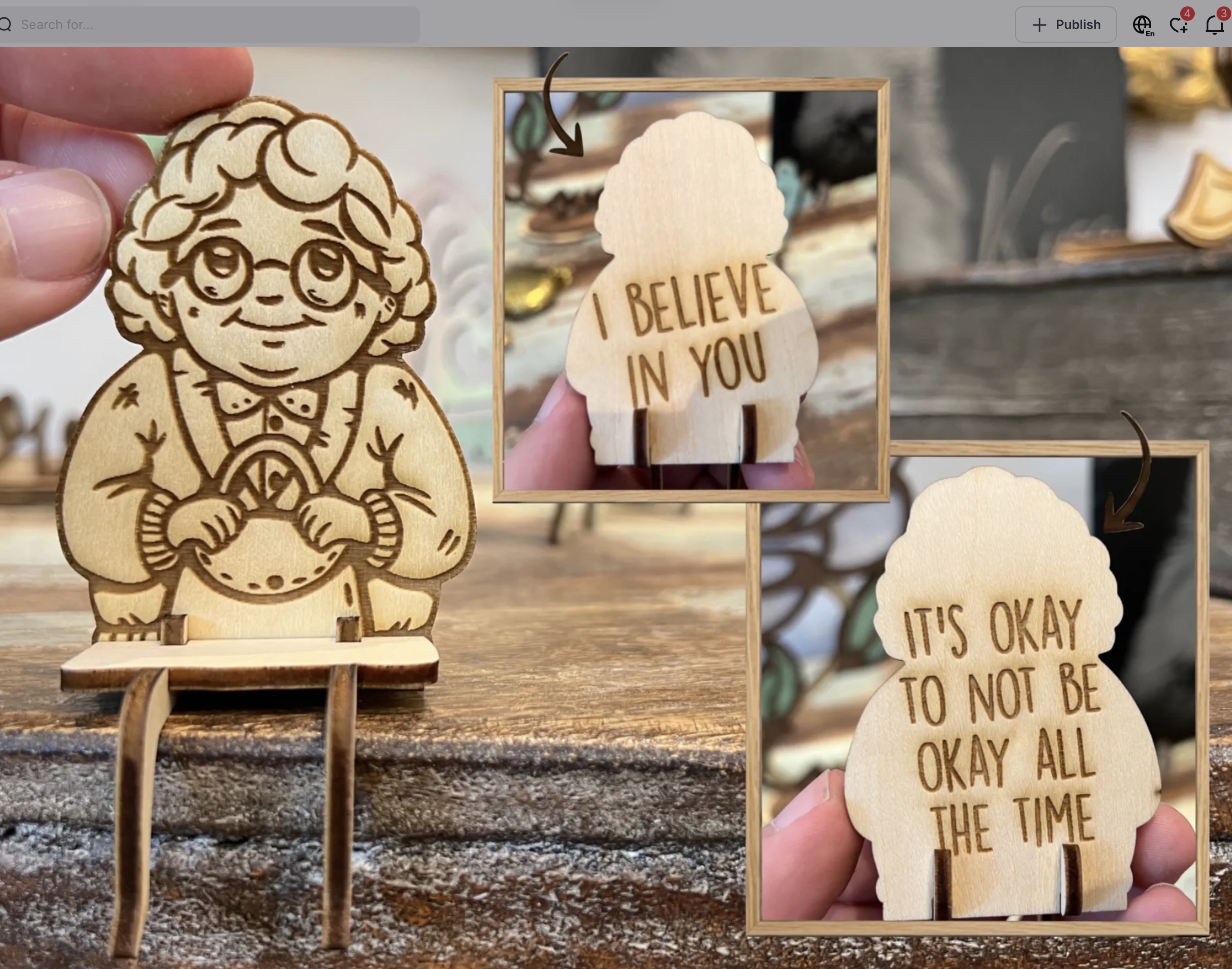 [Laser cut and engrave] Grandmother figure phone stand with glasses and basket