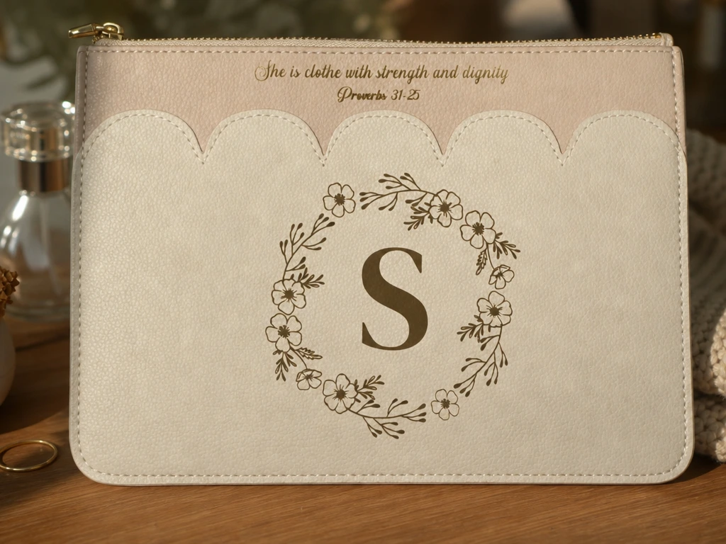 Personalized Scalloped Zipper Pouch with Floral Monogram and Scripture