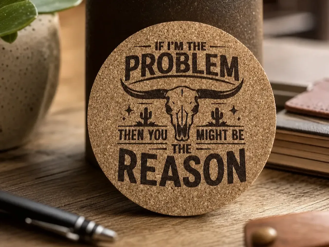 [Laser cut and engrave] Cork Coaster with Western Bull Skull Design and Funny Quote