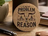 [Laser cut and engrave] Cork Coaster with Western Bull Skull Design and Funny Quote