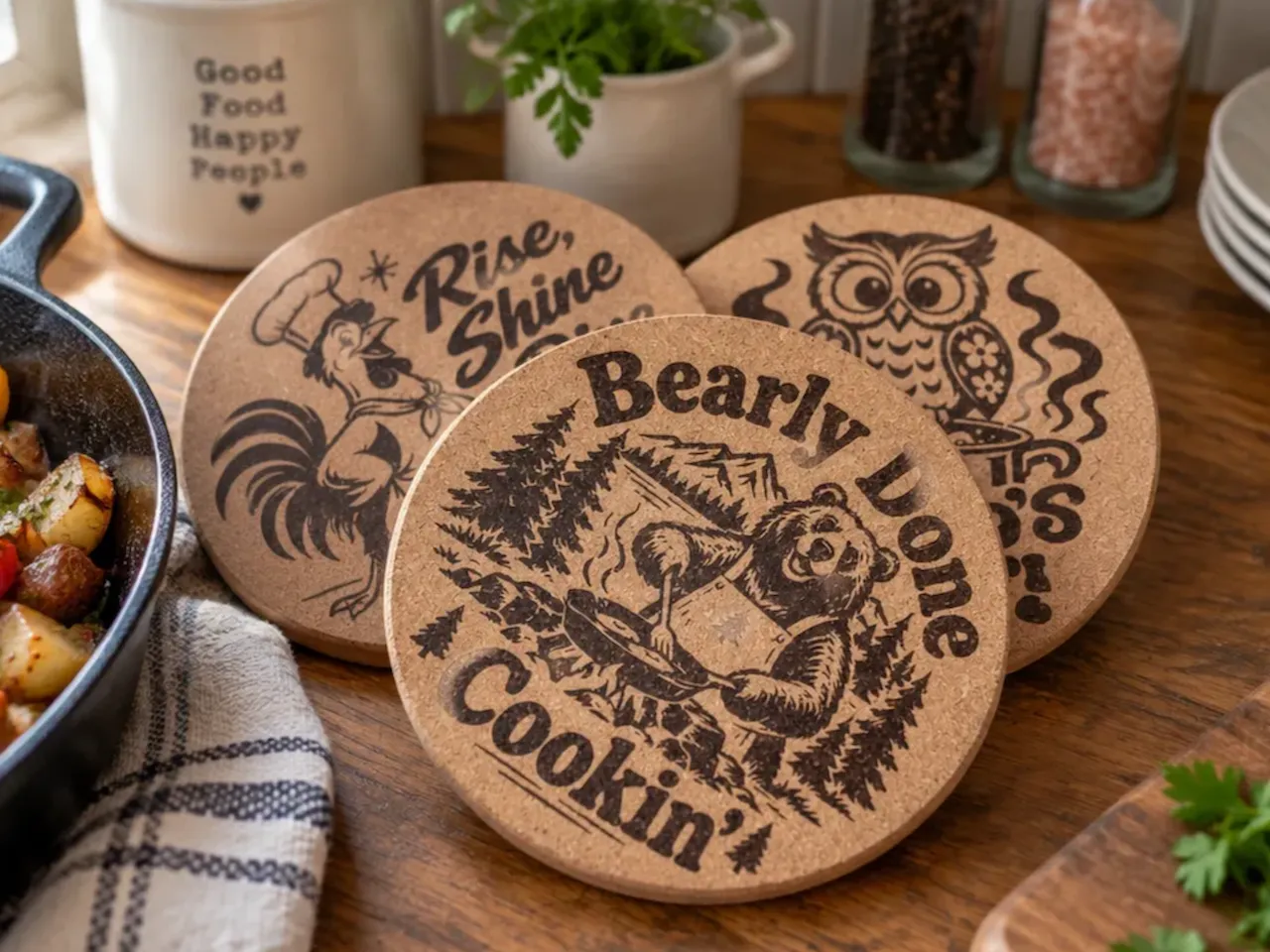 [Laser cut and engrave] Round Cork Coasters with Bear, Rooster, and Owl Kitchen Illustrations