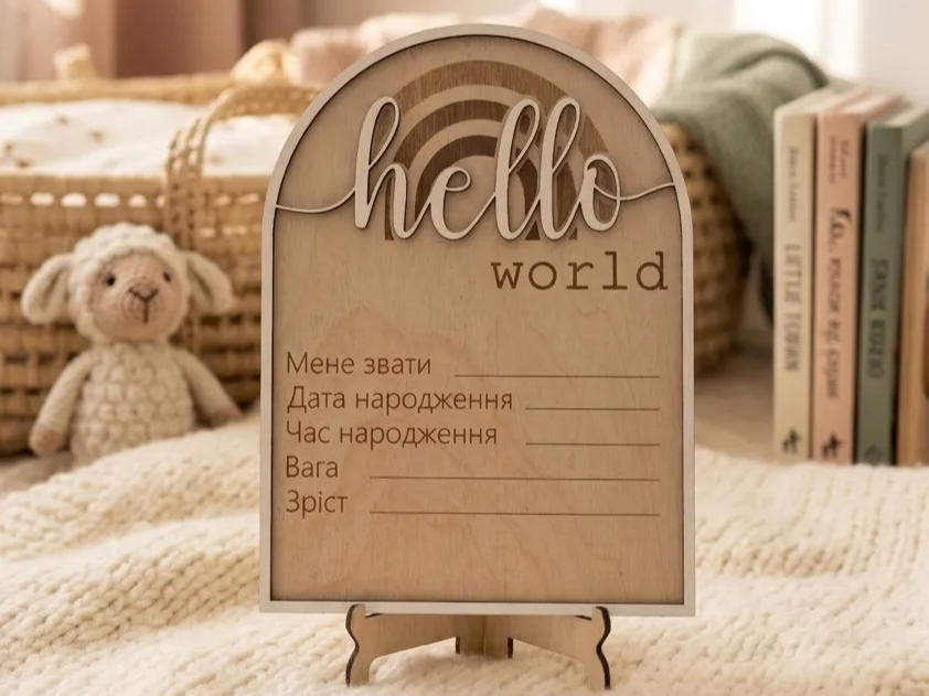 Деревянная табличка с метрикой новорожденного Hello World