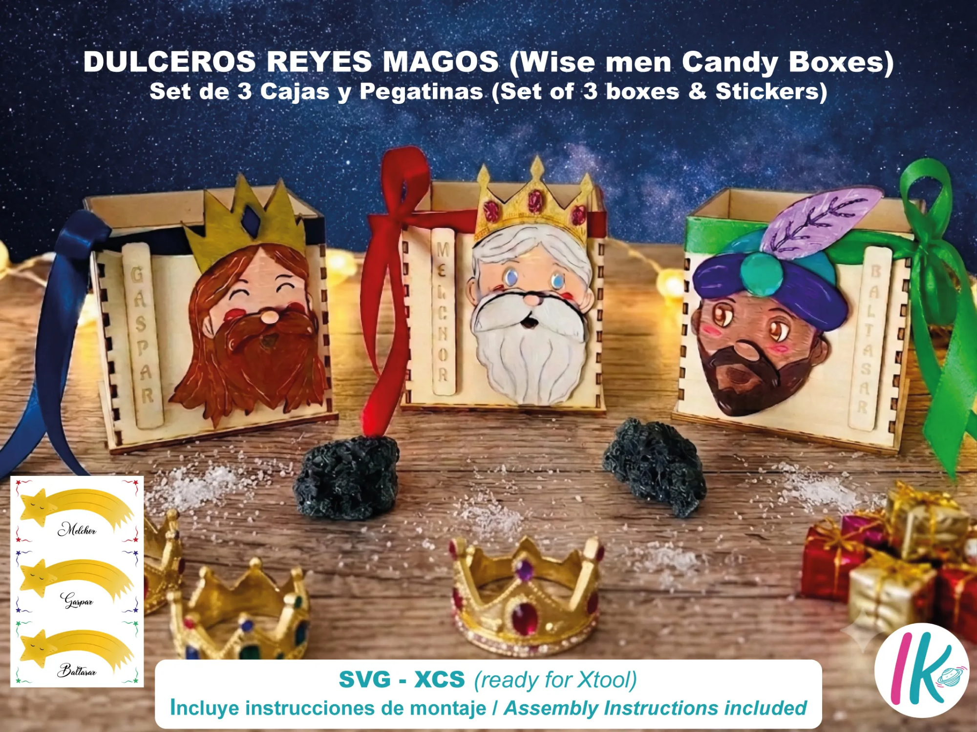 Dulceros Reyes Magos SVG-XCS para corte láser. Incluye los 3 Reyes Magos, dulcero y pegatinas de la estrella Navideña Png.