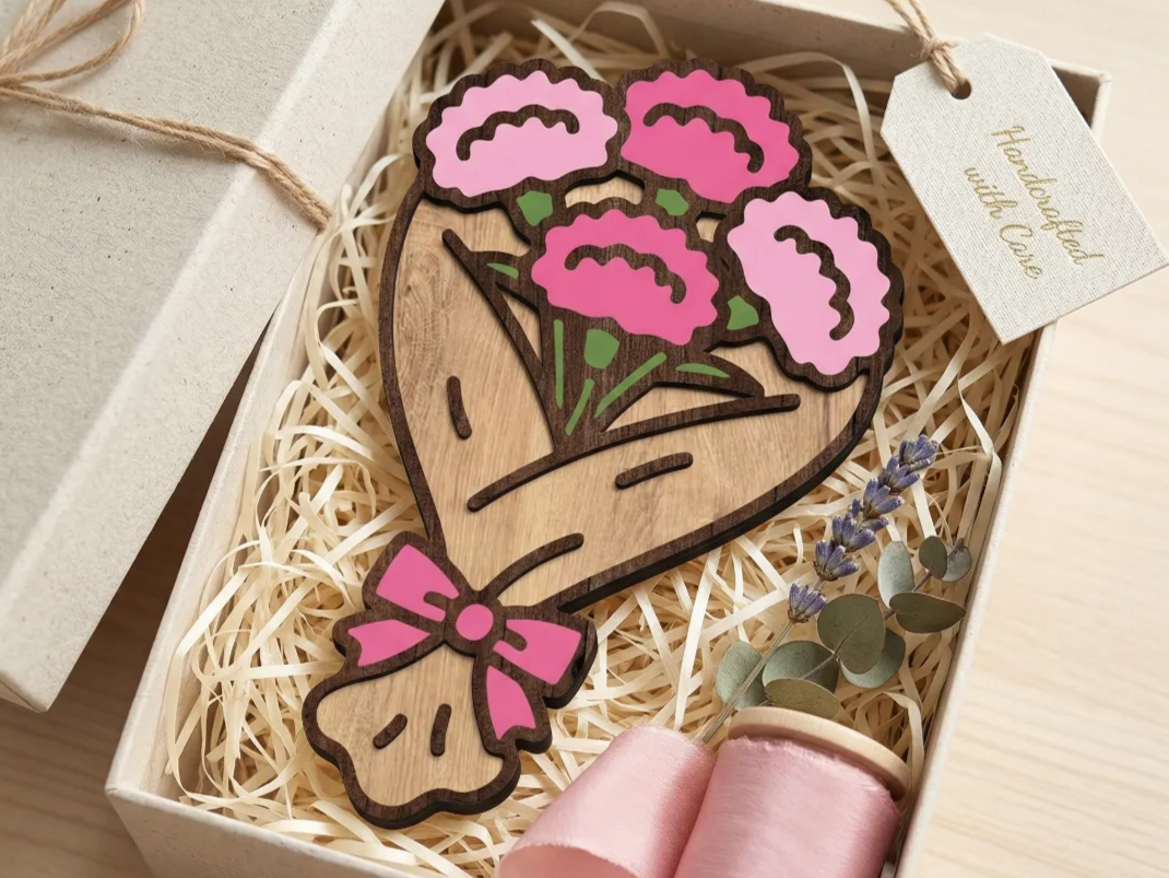 Wooden Pink Flower Bouquet Ornament with Ribbon Bow, Mother's Day Flower Bouquet
