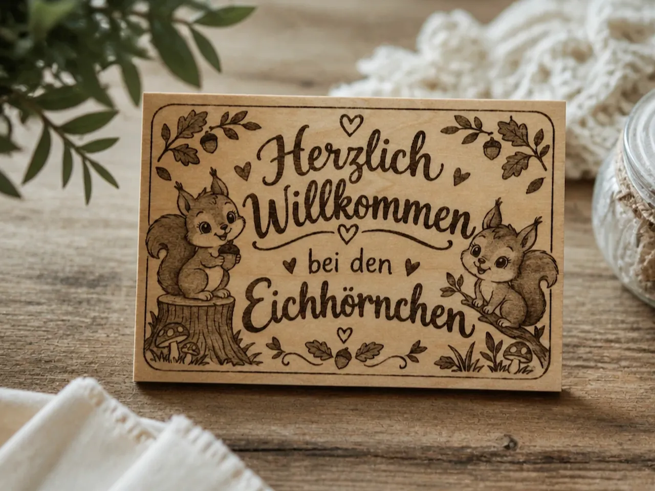 [Laser cut and engrave] Holzschild Herzlich Willkommen bei den Eichhörnchen