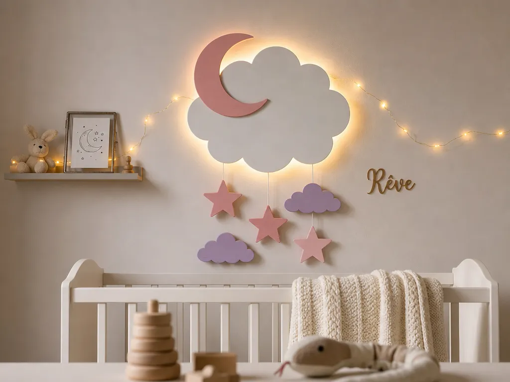 Applique murale lumineuse en forme de lune et nuage pour chambre d'enfant