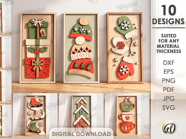 3D Triple Christmas Object Wall Decors Bundle. Holiday Wall Art Laser Cut Files. Layered Xmas Wall Sign. Winter Home Decor SVG. Mugs. Santa