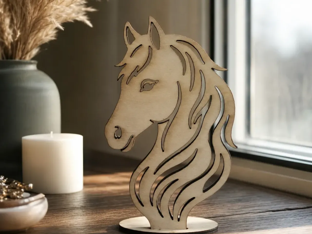 [Laser cut and engrave] Figurine de tête de cheval en bois sur socle