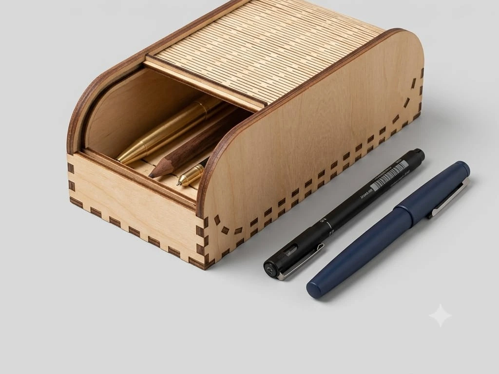 Holz Stiftebox mit Rollverschluss für den Schreibtisch