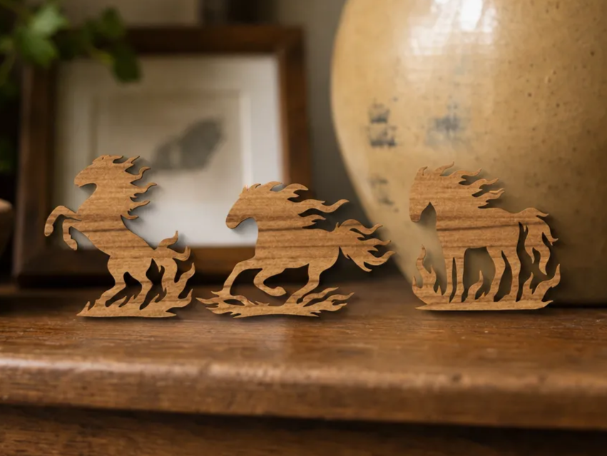Wooden Horse Figurines with Flame Details