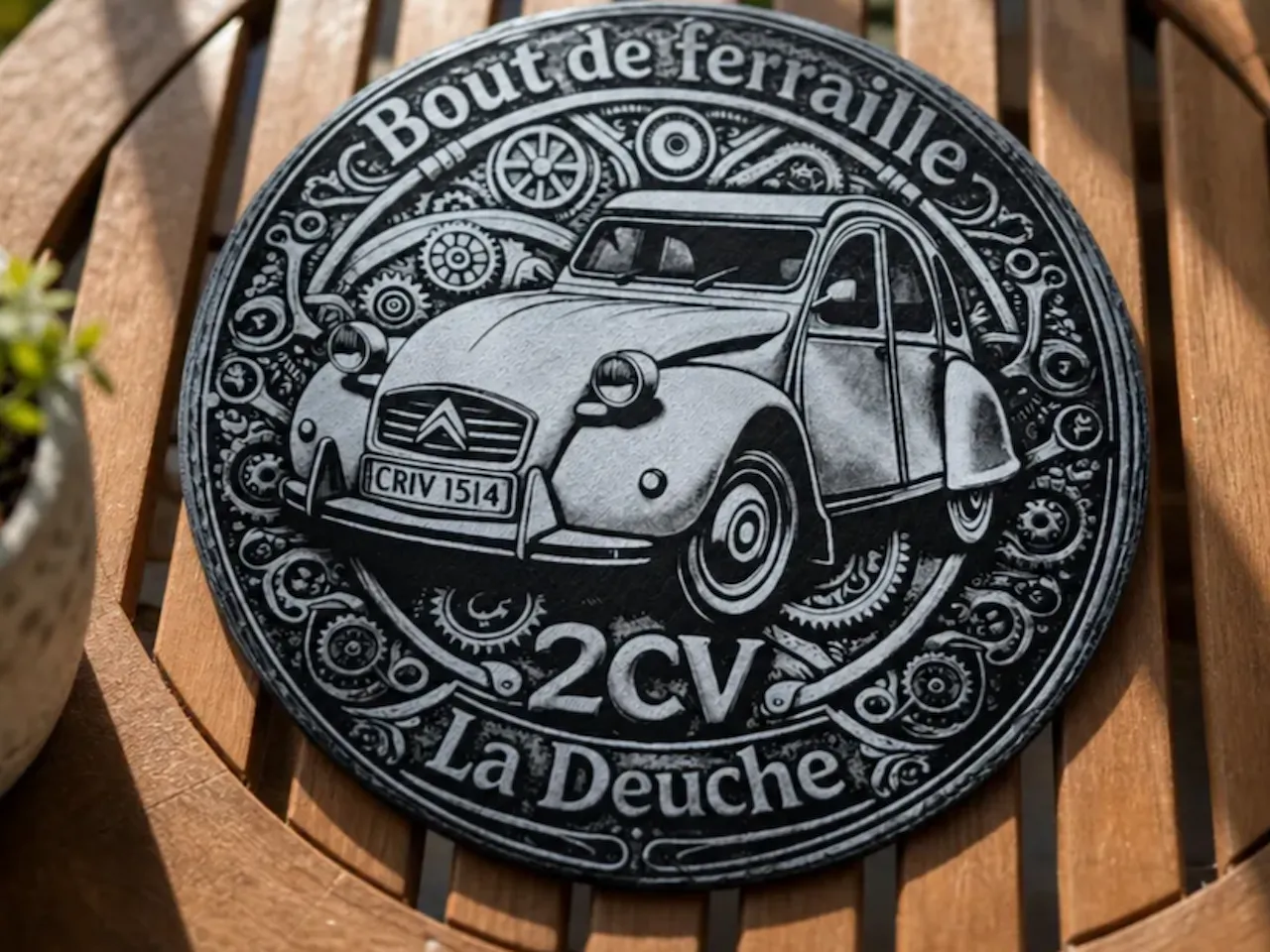 [Laser cut and engrave] Plaque décorative ronde illustrant une Citroën 2CV avec engrenages