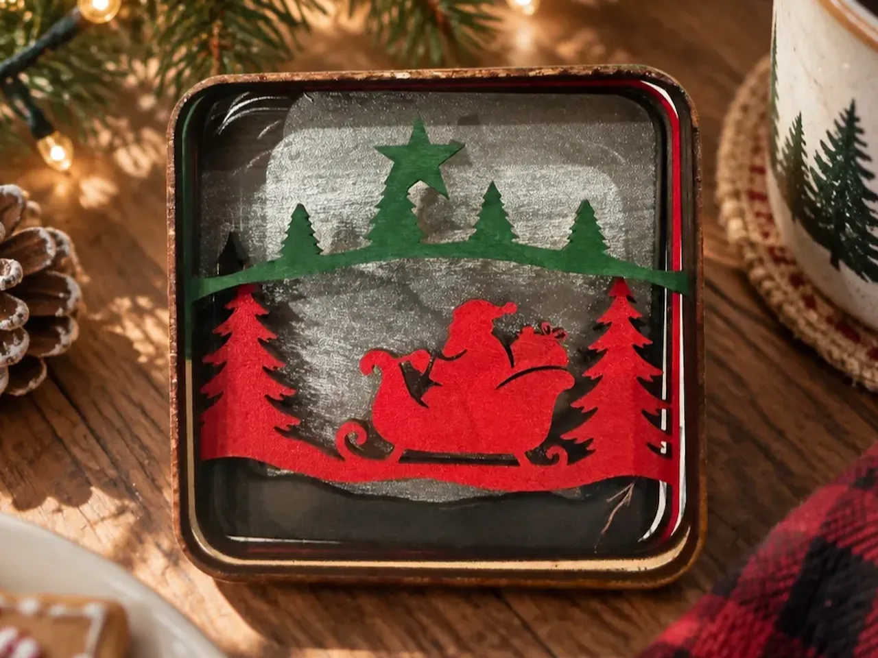 [Laser cut and engrave] Santa Claus in Sleigh Christmas Coaster with Forest Scene