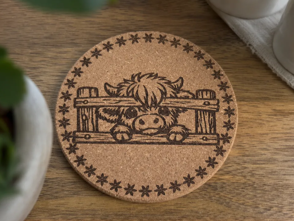 Round Cork Coaster Featuring a Highland Cow Peeking Through a Fence