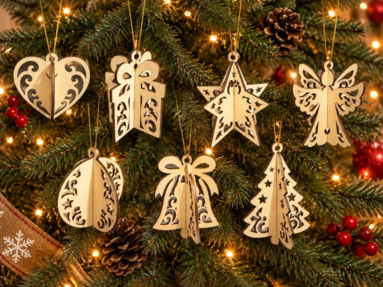 [Laser cut and engrave] Ornements de Noël en bois à suspendre avec motifs festifs