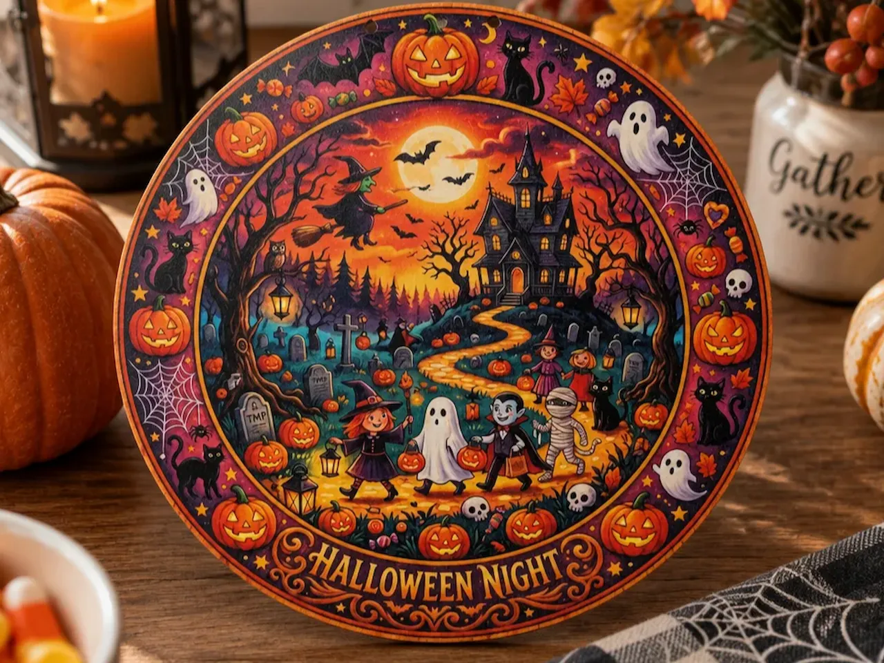 [UV printing,Laser cut and engrave] Plaque ronde illustrée Halloween Night avec maison hantée et personnages