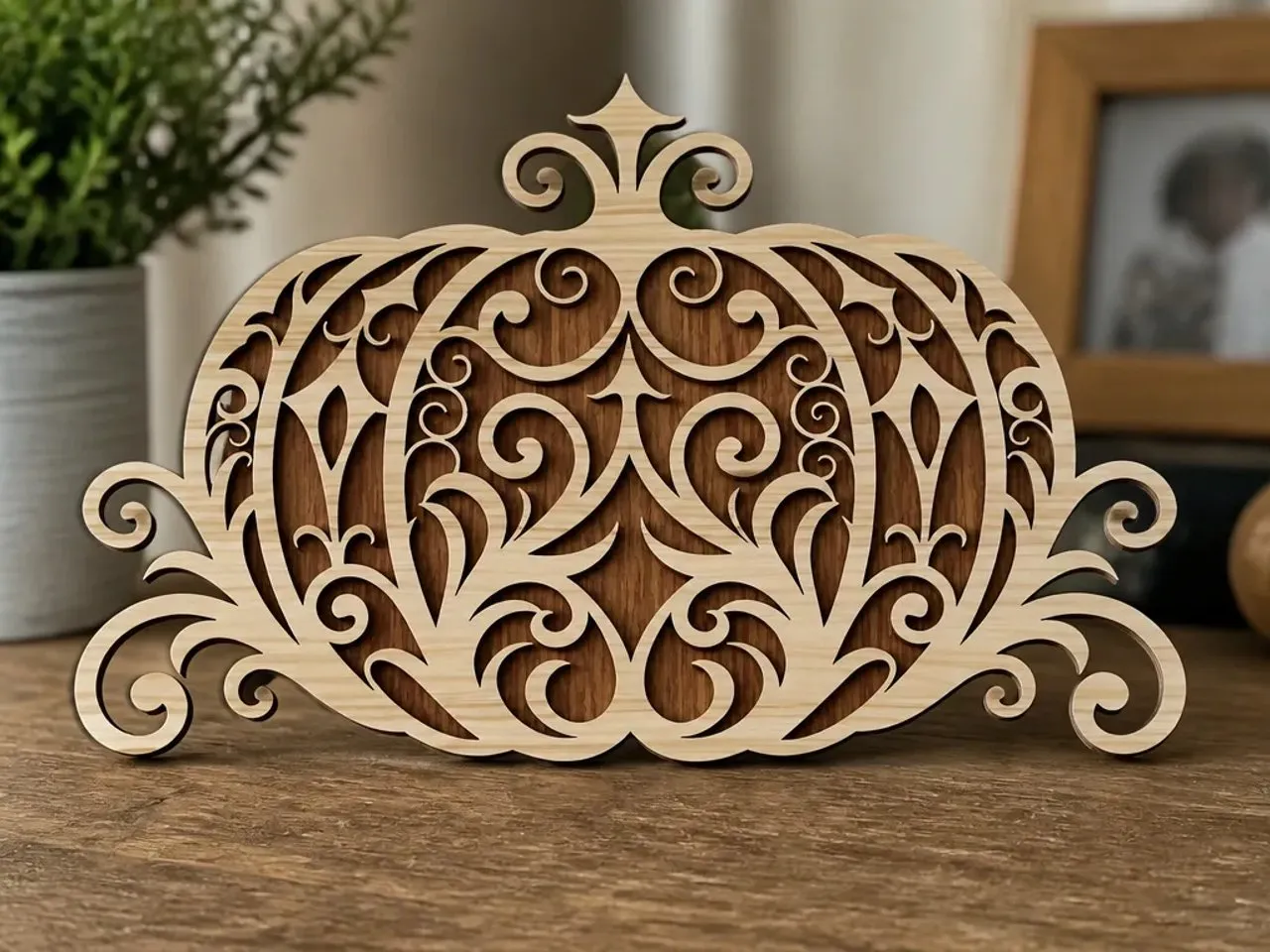 [Laser cut and engrave] Ornate Filigree Pumpkin Tabletop Sign