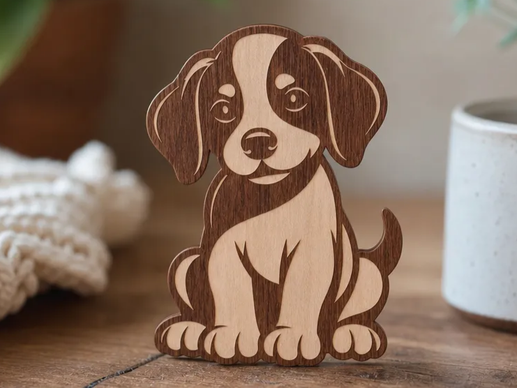 Wooden Sitting Puppy Dog Figurine - Laser Cutting Design