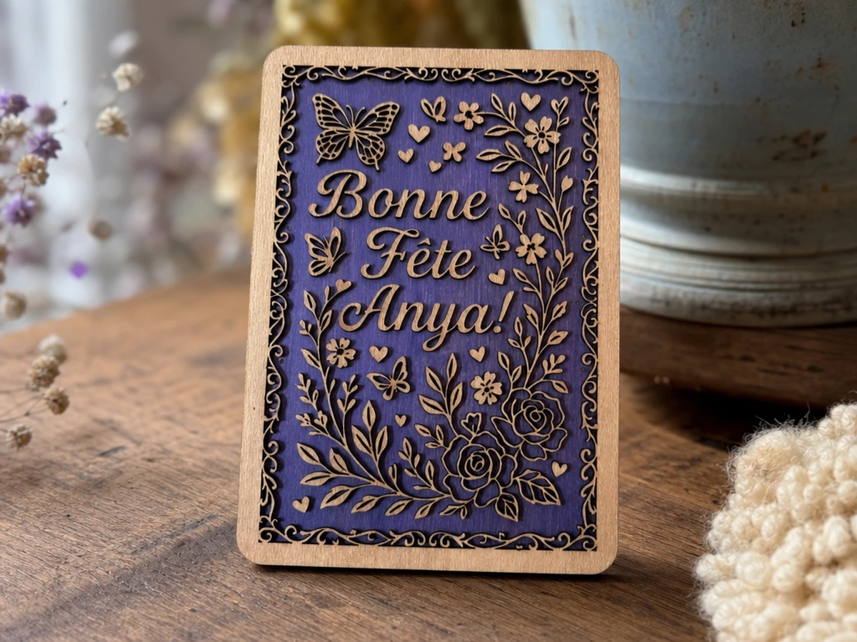 wooden birthday card with butterfly and floral motifs