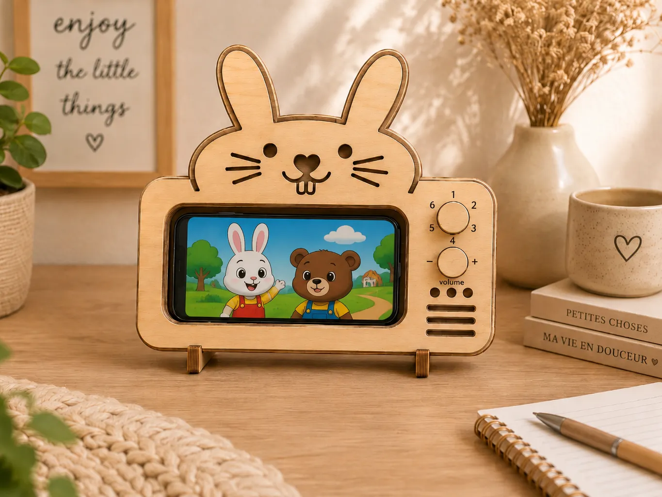 Support de téléphone en bois en forme de télévision lapin