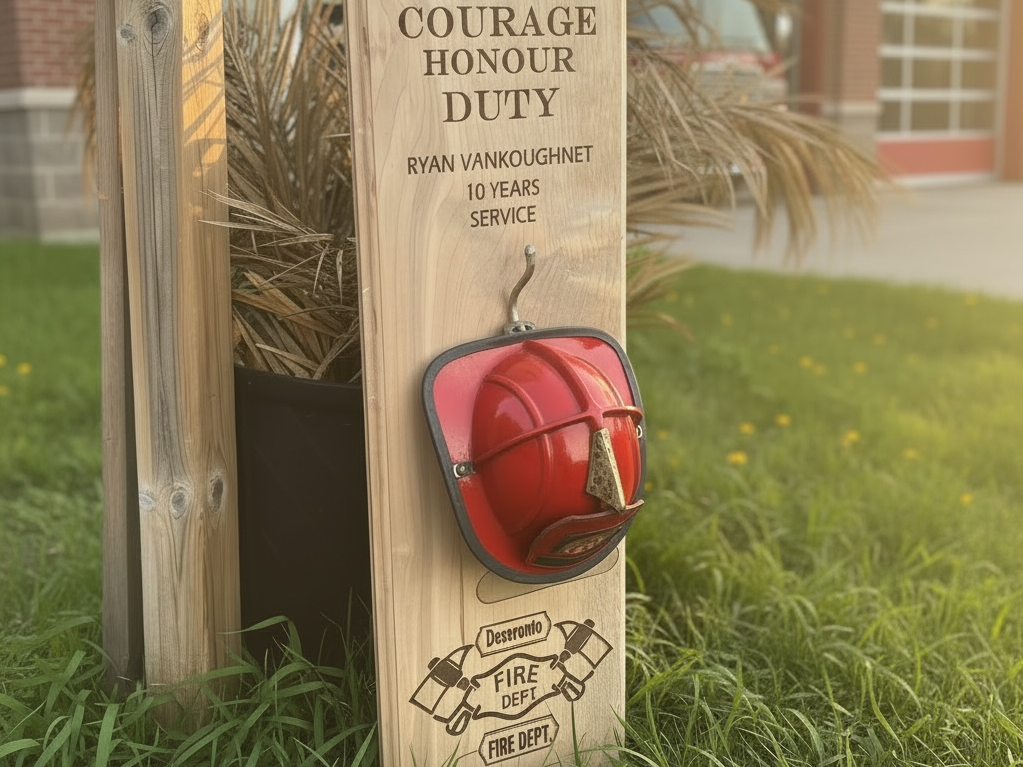 Firefighter Commemorative Wooden Plaque with Helmet Display Use