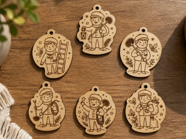 Ornements de Noël en bois représentant des petits ramoneurs