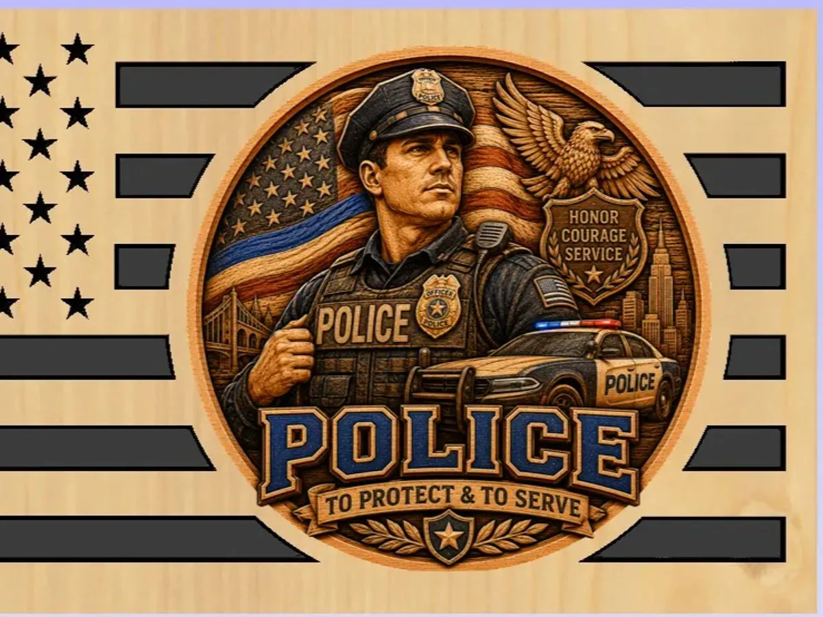 [Laser cut and engrave,DTF Printing,UV printing] Thin Blue Line Police Officer American Flag Wall Plaque