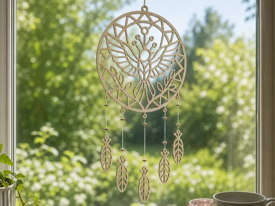 Attrape-rêves en bois avec motif d'oiseau et plumes suspendues