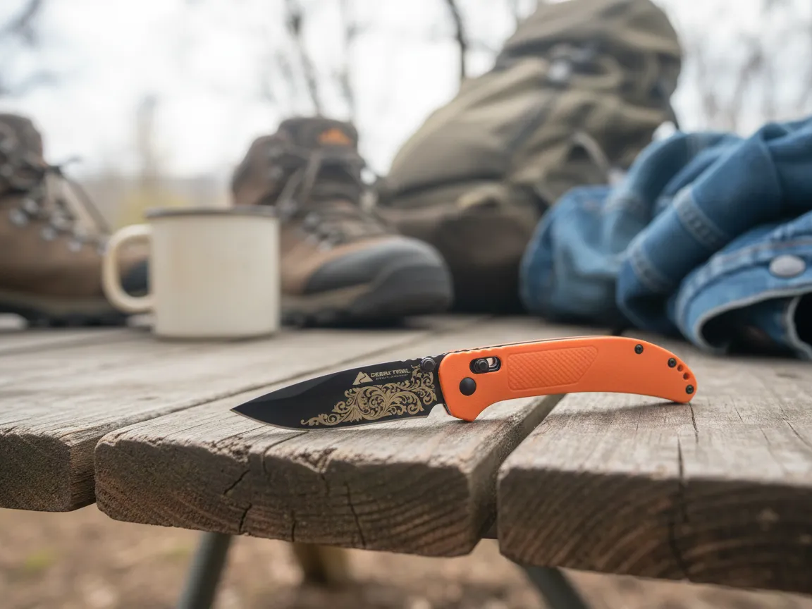 Folding pocket knife with orange handle and floral blade engraving ozark trail