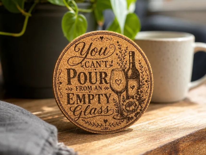 Round Cork Coaster with You Can't Pour From An Empty Glass Quote