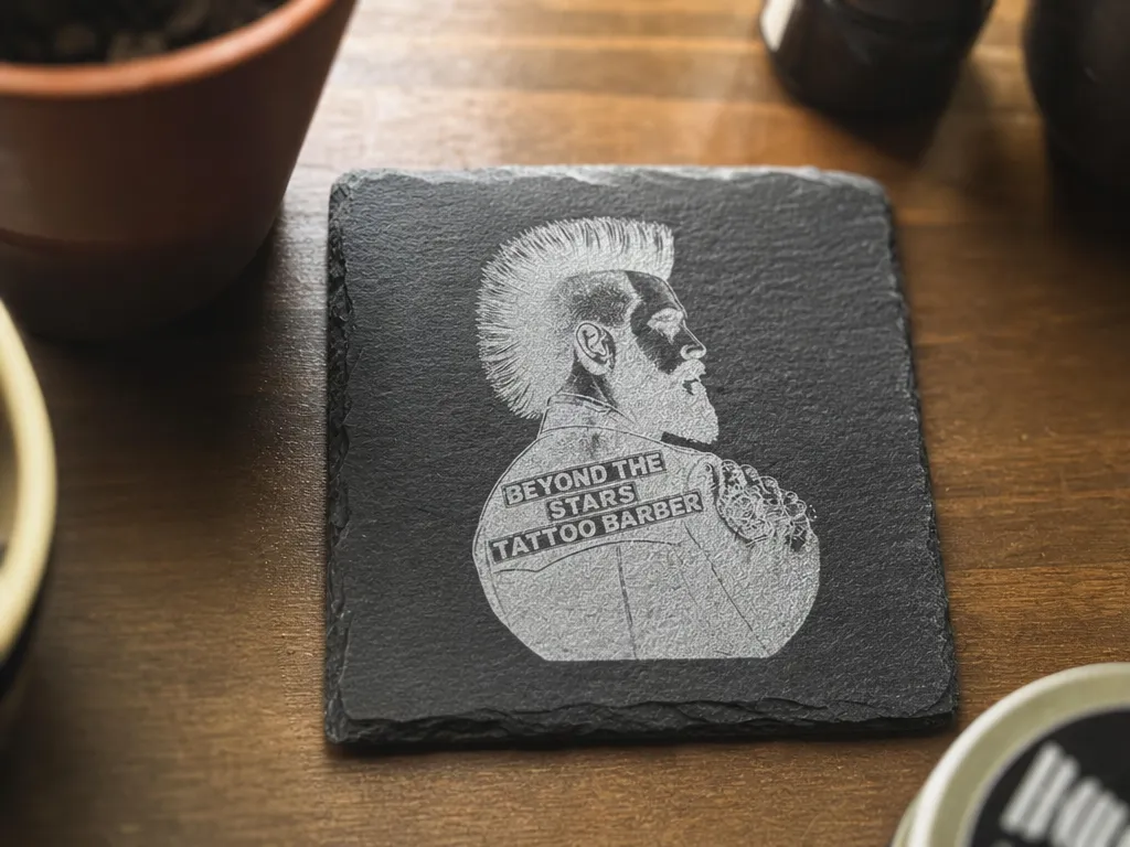 Square Slate Coaster Featuring Beyond The Stars Tattoo Barber Logo