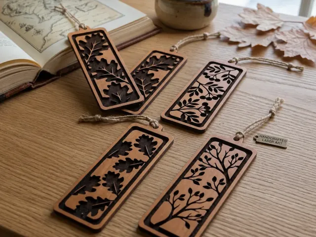 Wooden bookmarks with intricate nature-inspired leaf and tree cutouts
