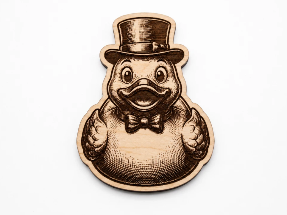 [Laser cut and engrave] Wooden Duck Wearing a Top Hat and Bow Tie