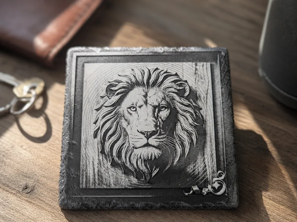 Square Slate Coaster Featuring Detailed Lion Portrait 3d illusion