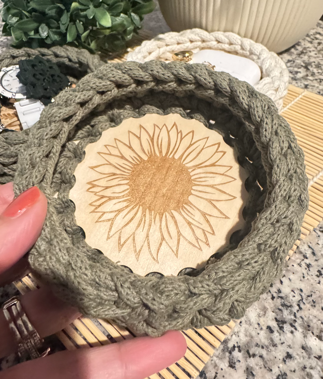 [Laser cut and engrave] Sunflower Motif Wooden Coaster in Olive Green Crochet Basket