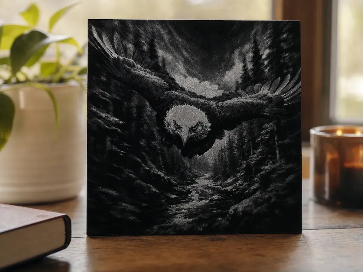 [Laser cut and engrave] Bald Eagle Flying Over Forest Stream Square Wall Art