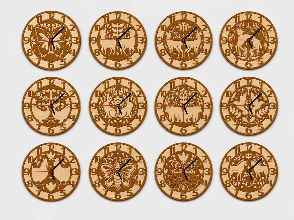 Wooden Folk Art Wall Clock Lasercut 12 Designs