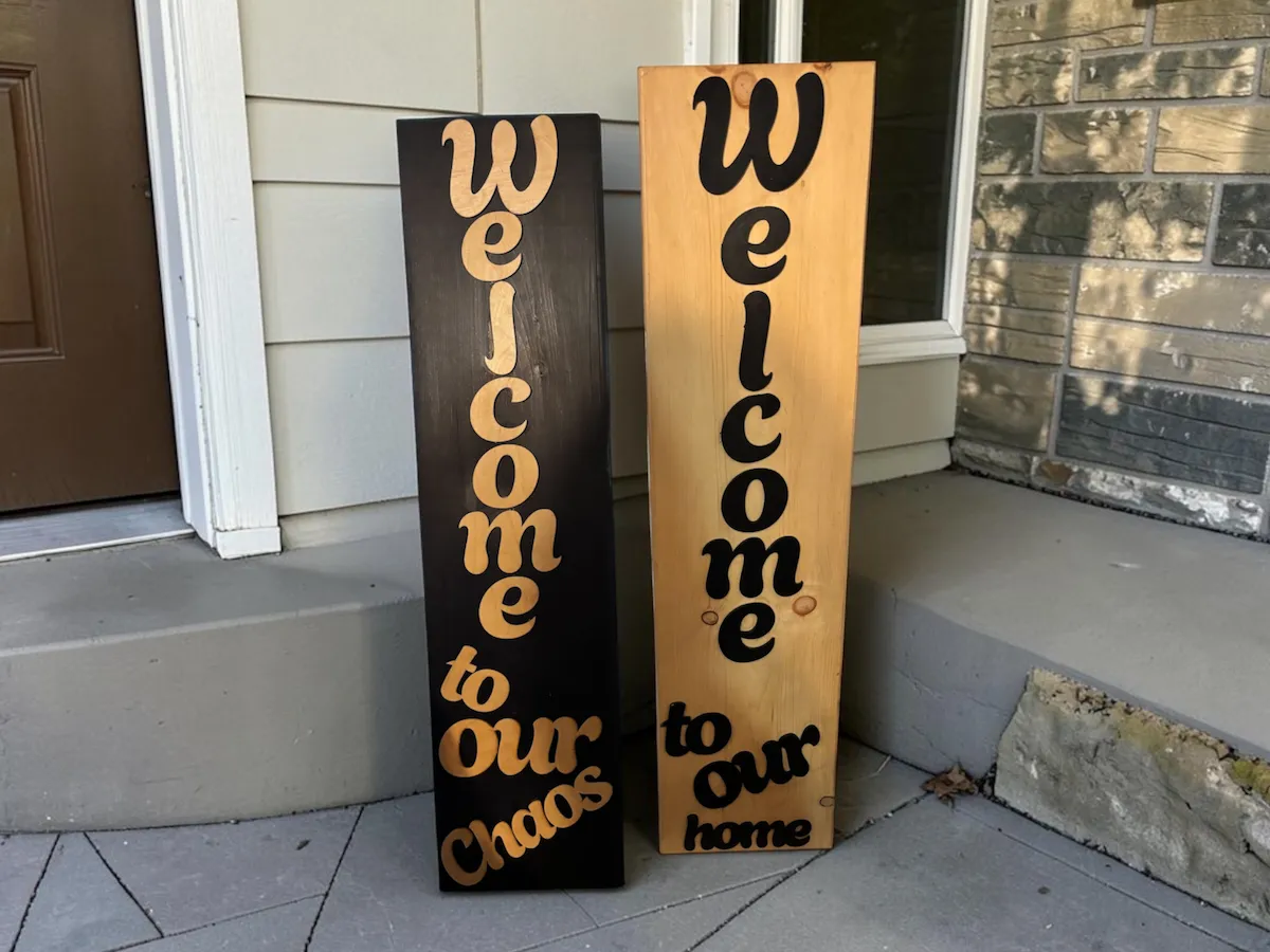 [Laser cut and engrave] Welcome to Our Chaos and Welcome to Our Home Vertical Porch Signs