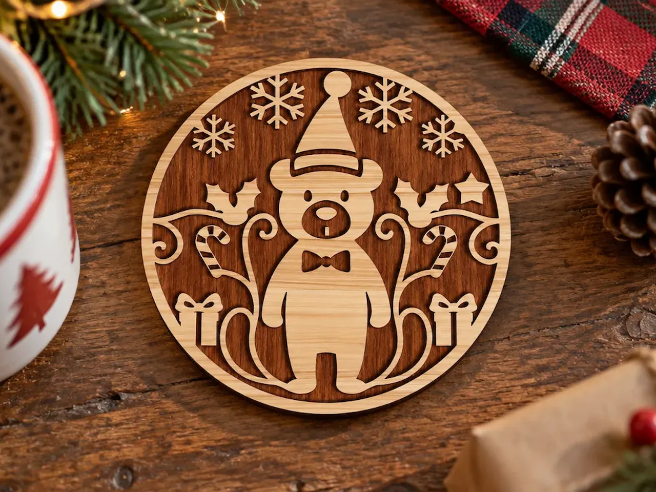[Laser cut and engrave] Christmas Bear Round Ornament with Snowflake and Candy Cane Accents