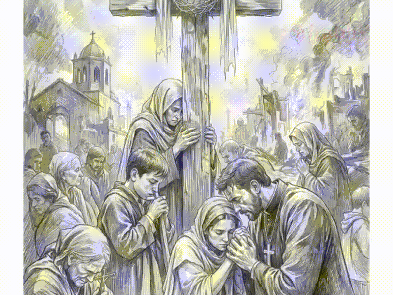 Pencil Sketch of People Praying Before a Cross with Crown of Thorns