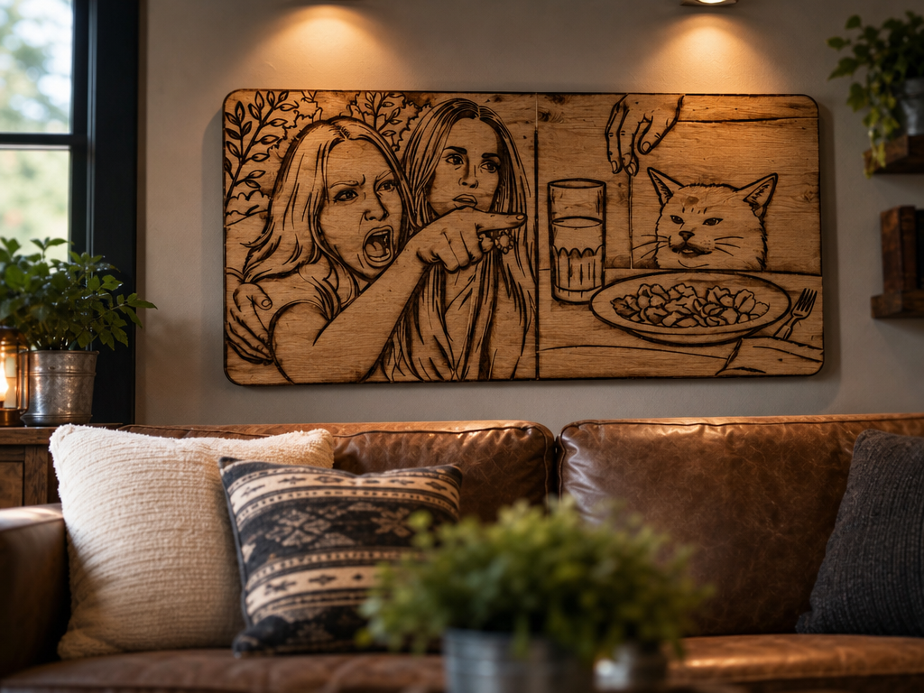 Woman Yelling at a Cat Meme Wooden Wall Art
