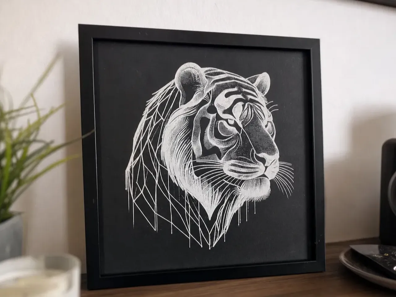[Laser cut and engrave] Tableau encadré avec illustration géométrique de tête de tigre