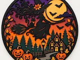 [Laser cut and engrave] Witch Flying on Broomstick with Cat and Haunted House Halloween Wall Sign