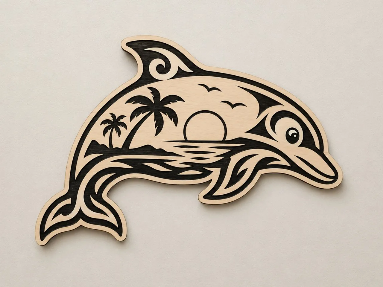 [Laser cut and engrave] Dolphin Wall Art Featuring Tropical Sunset and Palm Tree Silhouette